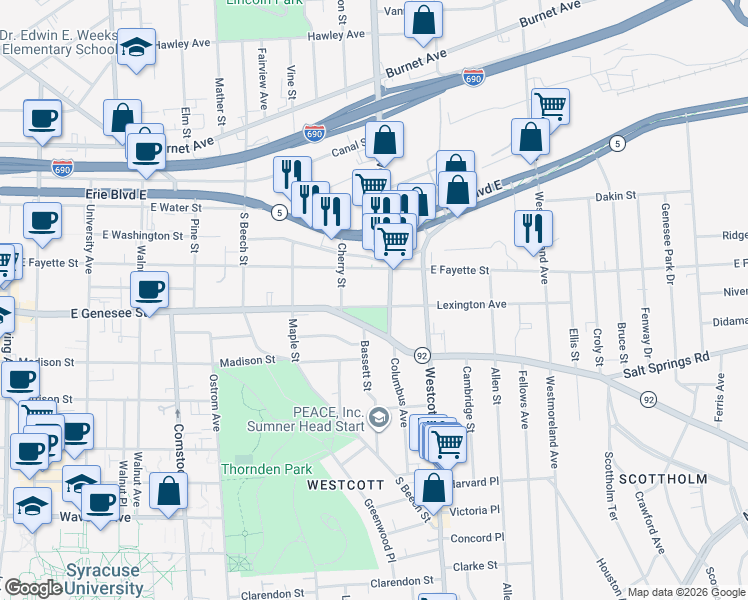 map of restaurants, bars, coffee shops, grocery stores, and more near 139 Lexington Avenue in Syracuse
