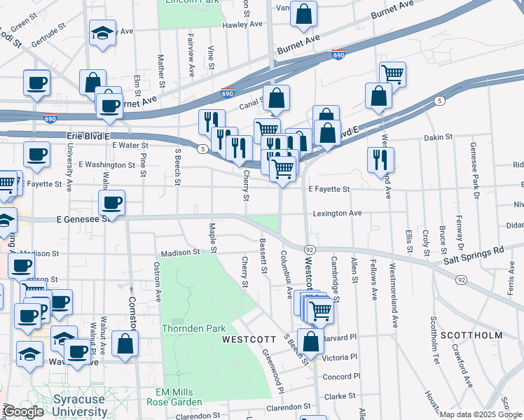 map of restaurants, bars, coffee shops, grocery stores, and more near 139 Lexington Avenue in Syracuse