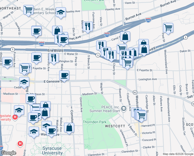 map of restaurants, bars, coffee shops, grocery stores, and more near 1531 East Genesee Street in Syracuse