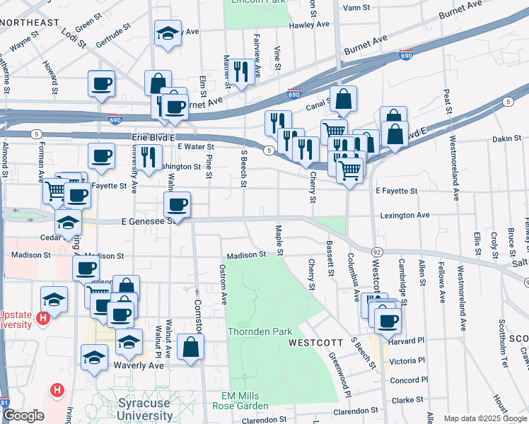 map of restaurants, bars, coffee shops, grocery stores, and more near 1531 East Genesee Street in Syracuse