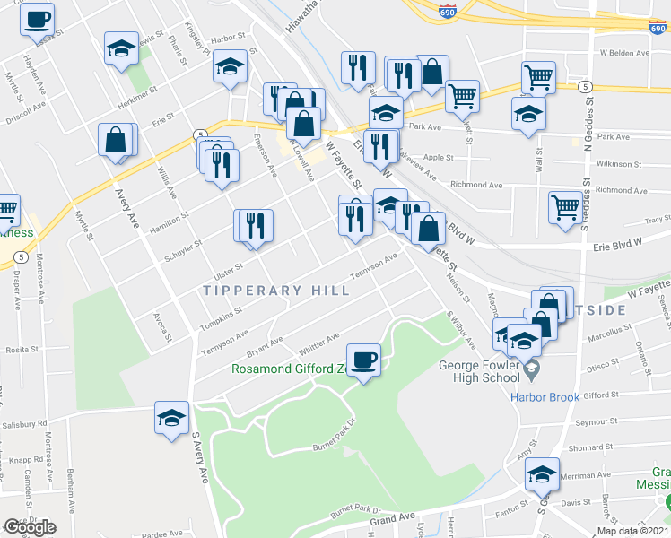 map of restaurants, bars, coffee shops, grocery stores, and more near 227 Tennyson Avenue in Syracuse