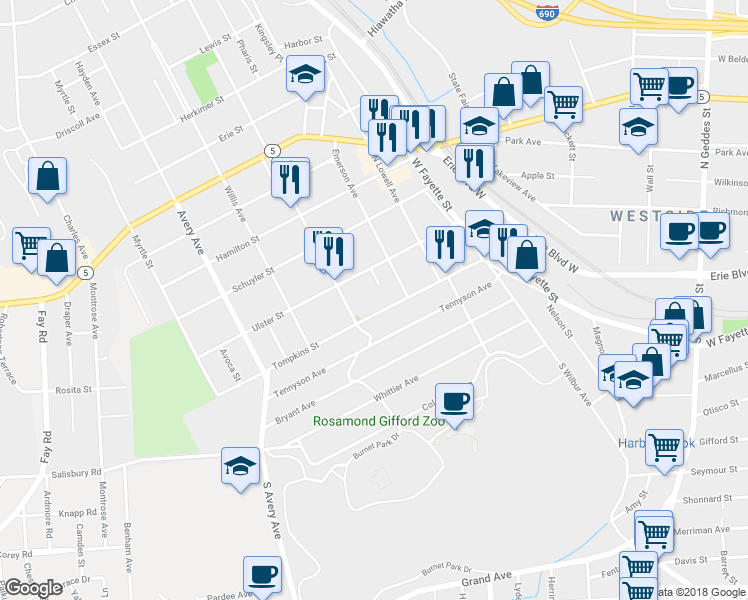 map of restaurants, bars, coffee shops, grocery stores, and more near 416 Tompkins Street in Syracuse