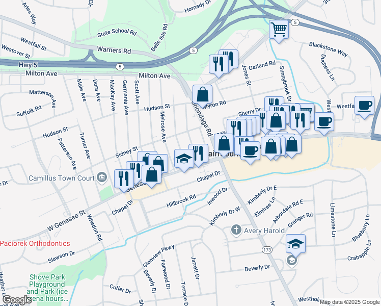 map of restaurants, bars, coffee shops, grocery stores, and more near 3802 West Genesee Street in Syracuse