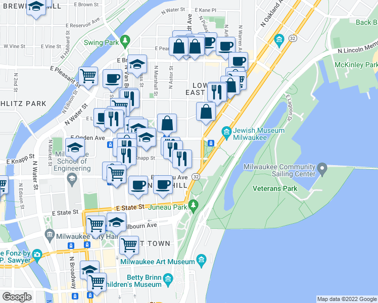 map of restaurants, bars, coffee shops, grocery stores, and more near 1032 East Knapp Street in Milwaukee