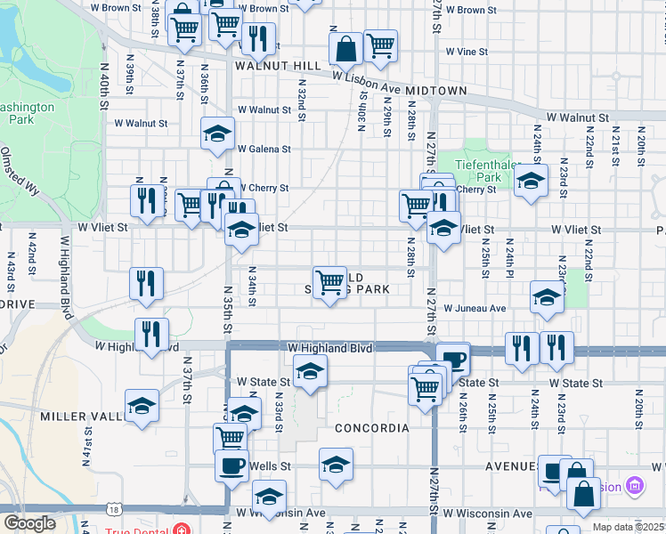 map of restaurants, bars, coffee shops, grocery stores, and more near 1242 North 31st Street in Milwaukee