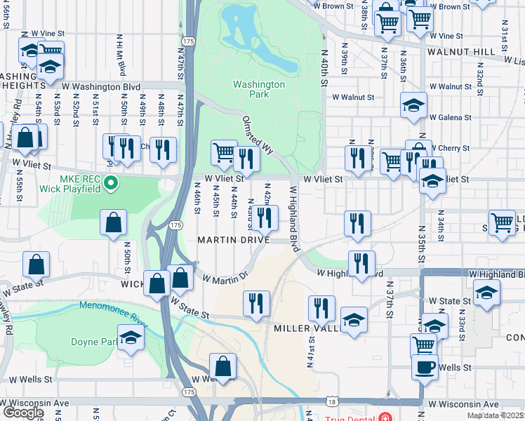 map of restaurants, bars, coffee shops, grocery stores, and more near 1309-1311 North 42nd Street in Milwaukee