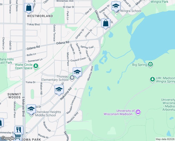 map of restaurants, bars, coffee shops, grocery stores, and more near 3900 Manitou Way in Madison
