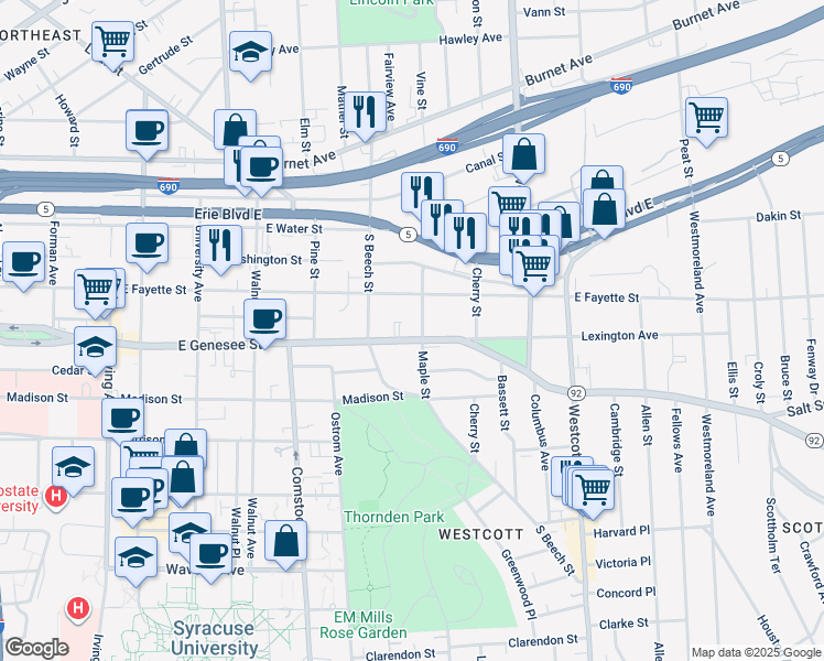 map of restaurants, bars, coffee shops, grocery stores, and more near 1541-43 East Genesee Street in Syracuse
