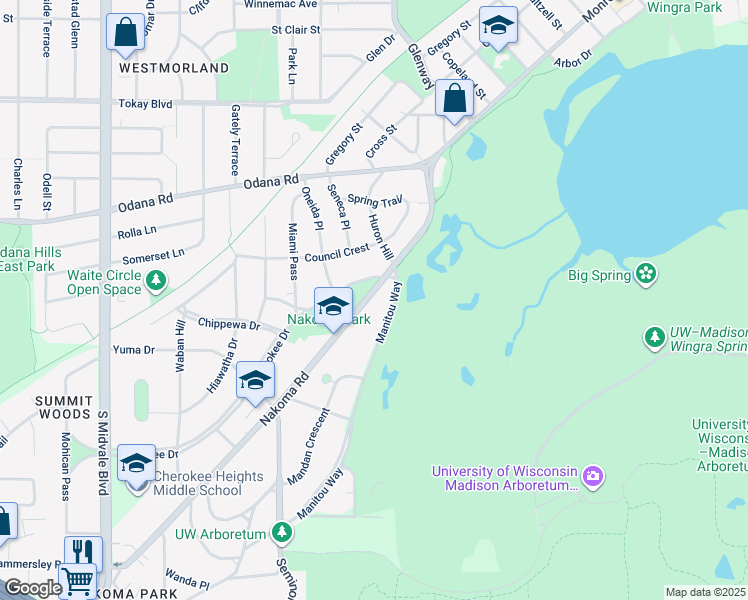 map of restaurants, bars, coffee shops, grocery stores, and more near 3900 Manitou Way in Madison