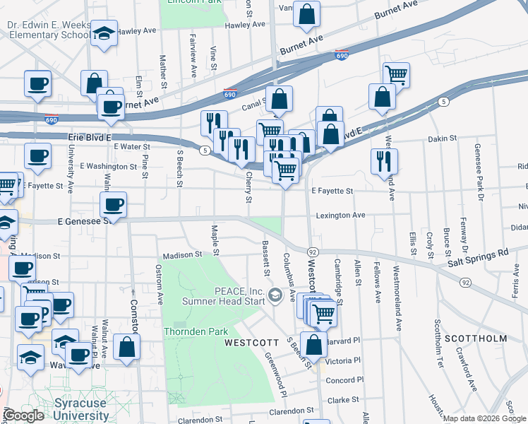 map of restaurants, bars, coffee shops, grocery stores, and more near in Syracuse