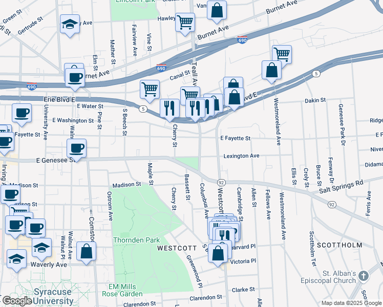 map of restaurants, bars, coffee shops, grocery stores, and more near in Syracuse
