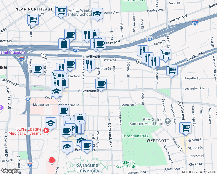 map of restaurants, bars, coffee shops, grocery stores, and more near 1301 East Genesee Street in Syracuse