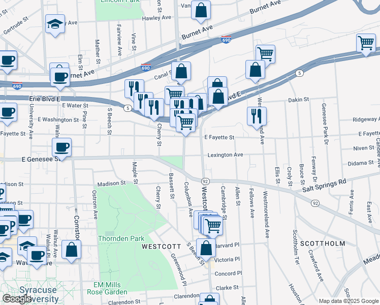 map of restaurants, bars, coffee shops, grocery stores, and more near 208 Lexington Avenue in Syracuse