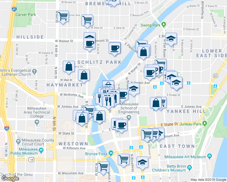 map of restaurants, bars, coffee shops, grocery stores, and more near 210 East Knapp Street in Milwaukee