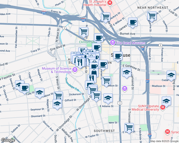 map of restaurants, bars, coffee shops, grocery stores, and more near 124 East Jefferson Street in Syracuse