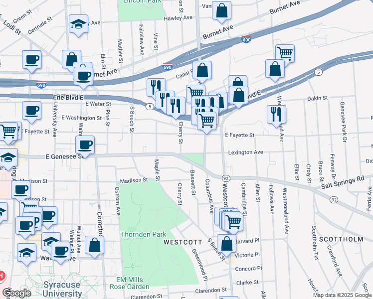 map of restaurants, bars, coffee shops, grocery stores, and more near in Syracuse