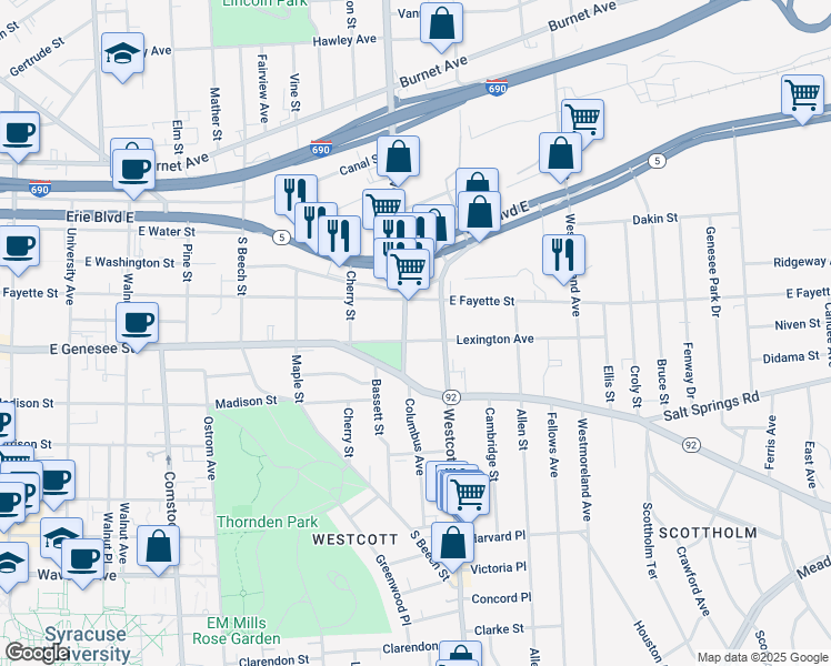 map of restaurants, bars, coffee shops, grocery stores, and more near 203 Lexington Avenue in Syracuse