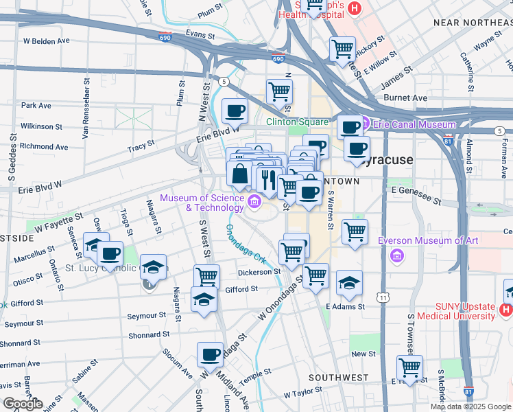 map of restaurants, bars, coffee shops, grocery stores, and more near 500 South Franklin Street in Syracuse