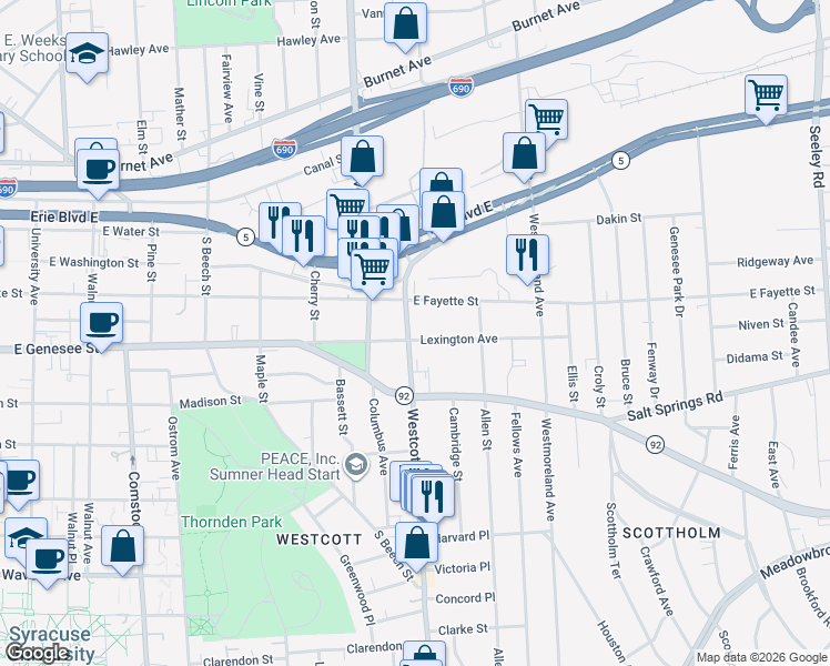 map of restaurants, bars, coffee shops, grocery stores, and more near 306 Lexington Avenue in Syracuse