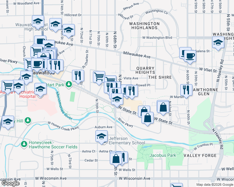 map of restaurants, bars, coffee shops, grocery stores, and more near 6810 West State Street in Wauwatosa