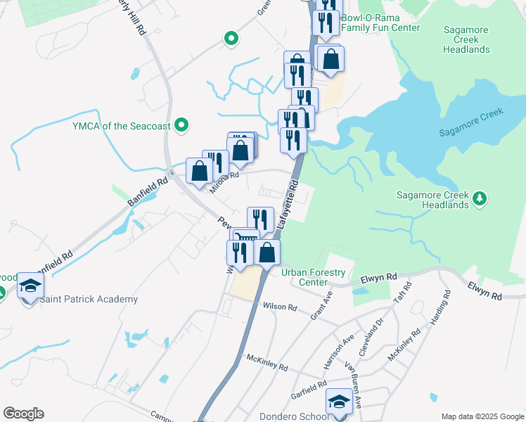 map of restaurants, bars, coffee shops, grocery stores, and more near 1190 Lafayette Road in Portsmouth