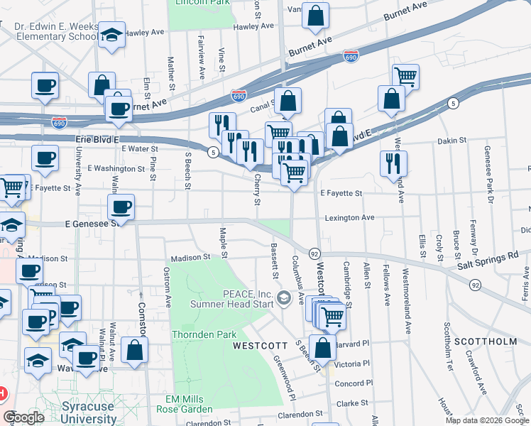 map of restaurants, bars, coffee shops, grocery stores, and more near in Syracuse
