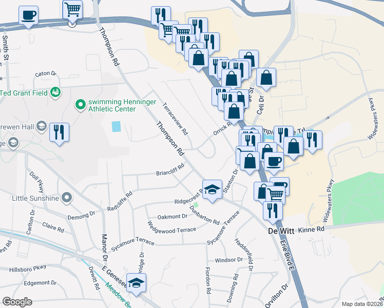 map of restaurants, bars, coffee shops, grocery stores, and more near 5700 Thompson Road in Syracuse