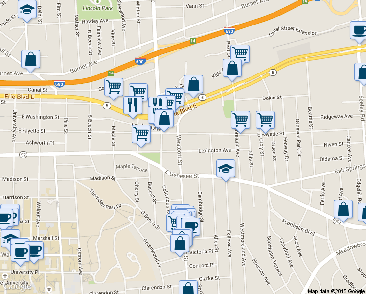 map of restaurants, bars, coffee shops, grocery stores, and more near 306 Lexington Avenue in Syracuse
