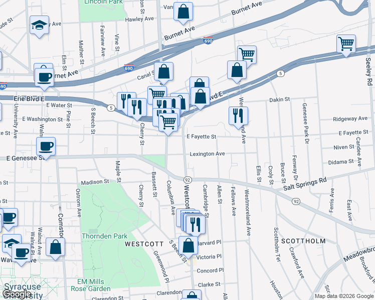 map of restaurants, bars, coffee shops, grocery stores, and more near 306 Lexington Avenue in Syracuse