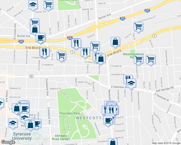 map of restaurants, bars, coffee shops, grocery stores, and more near in Syracuse
