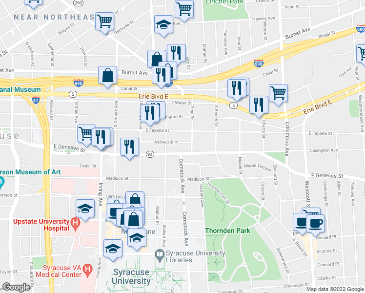 map of restaurants, bars, coffee shops, grocery stores, and more near in Syracuse