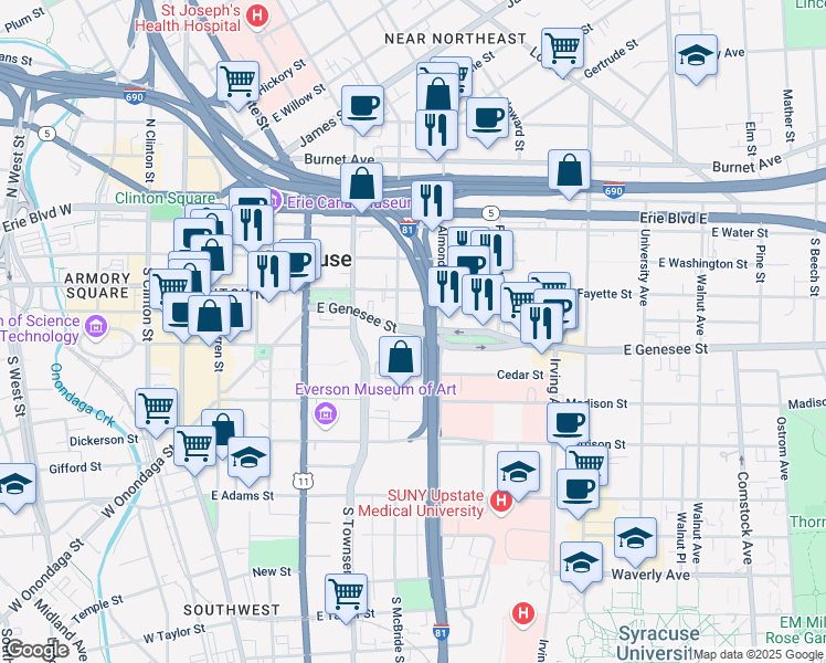 map of restaurants, bars, coffee shops, grocery stores, and more near 600 East Genesee Street in Syracuse