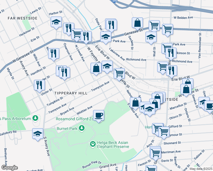 map of restaurants, bars, coffee shops, grocery stores, and more near 209 South Lowell Avenue in Syracuse