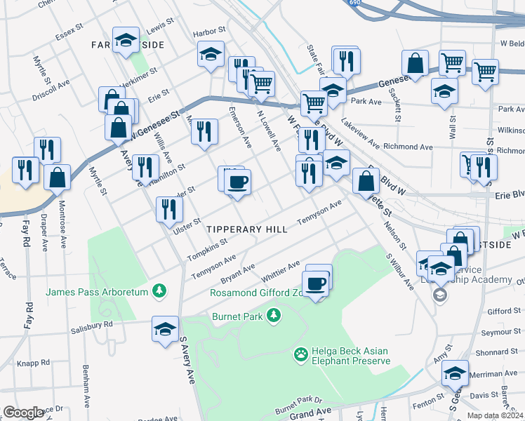 map of restaurants, bars, coffee shops, grocery stores, and more near in Syracuse