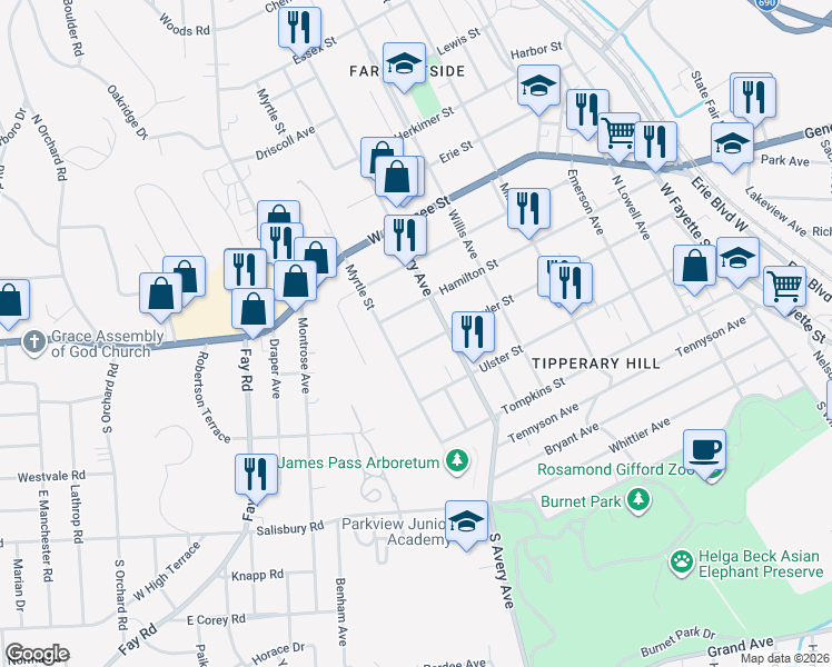 map of restaurants, bars, coffee shops, grocery stores, and more near 717 Schuyler Street in Syracuse