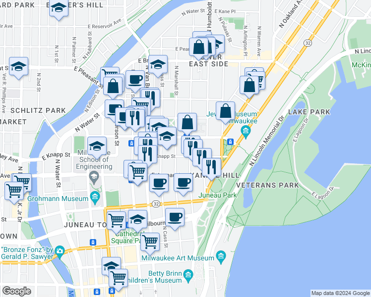 map of restaurants, bars, coffee shops, grocery stores, and more near in Milwaukee