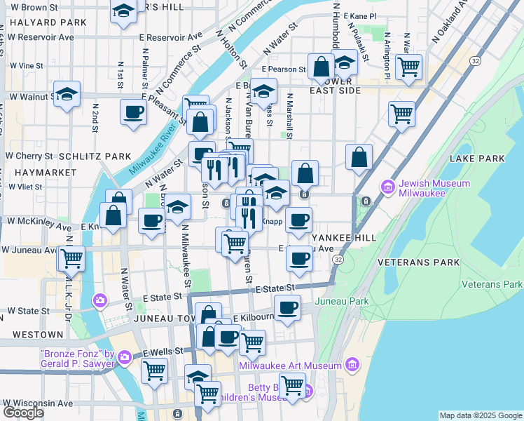 map of restaurants, bars, coffee shops, grocery stores, and more near 702 East Knapp Street in Milwaukee