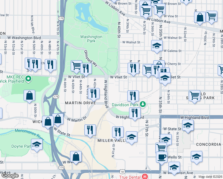 map of restaurants, bars, coffee shops, grocery stores, and more near 4218 West Highland Boulevard in Milwaukee
