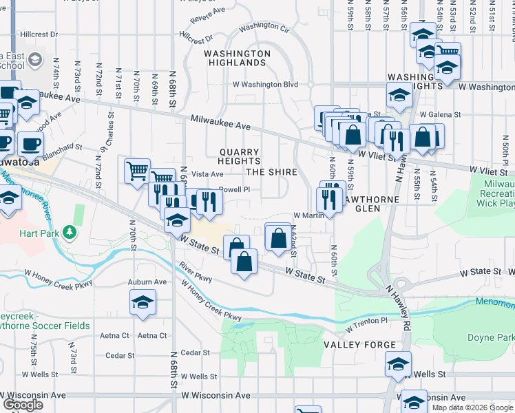map of restaurants, bars, coffee shops, grocery stores, and more near 1219 North 62nd Street in Wauwatosa