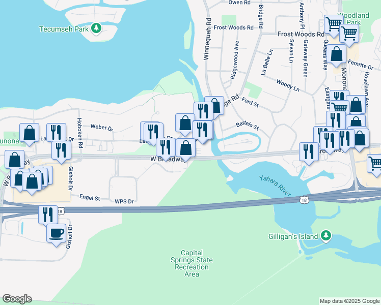 map of restaurants, bars, coffee shops, grocery stores, and more near 901 W Broadway in Monona