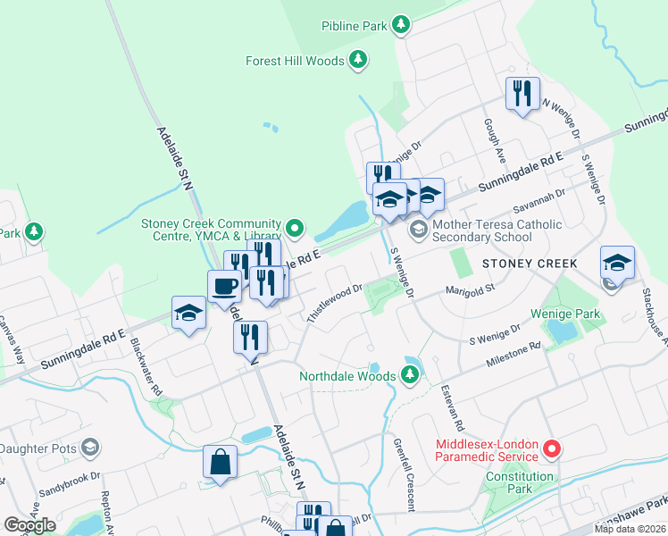 map of restaurants, bars, coffee shops, grocery stores, and more near Bradshaw Crescent in London