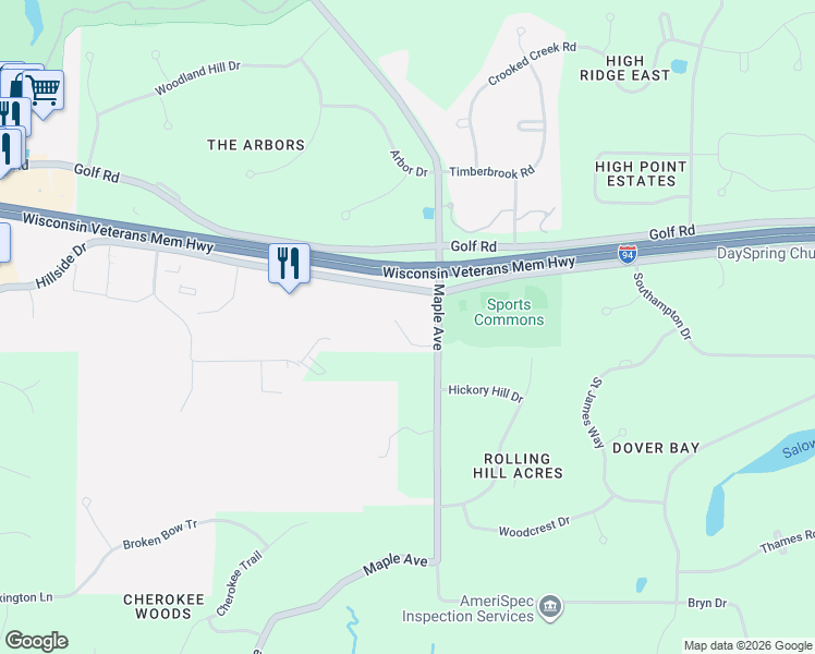 map of restaurants, bars, coffee shops, grocery stores, and more near 501 Maple Ave in Delafield