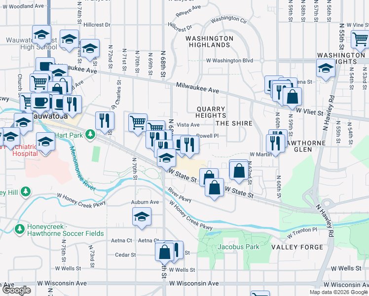 map of restaurants, bars, coffee shops, grocery stores, and more near 6700 West State Street in Wauwatosa