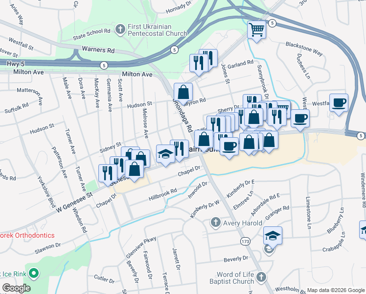 map of restaurants, bars, coffee shops, grocery stores, and more near 3802 West Genesee Street in Syracuse