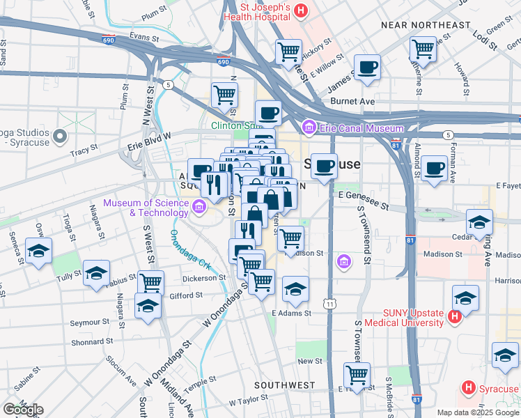map of restaurants, bars, coffee shops, grocery stores, and more near 401 South Salina Street in Syracuse