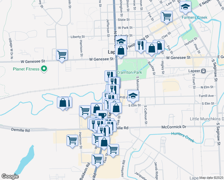 map of restaurants, bars, coffee shops, grocery stores, and more near 232 South Main Street in Lapeer