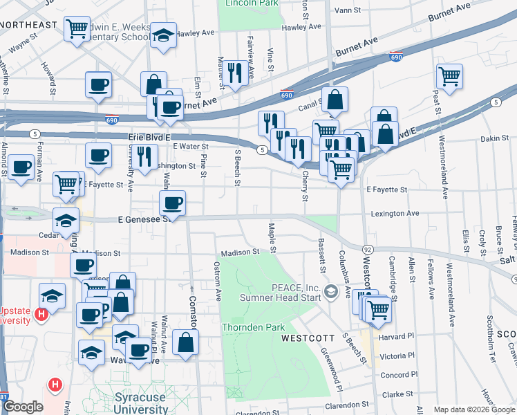 map of restaurants, bars, coffee shops, grocery stores, and more near 1531 East Genesee Street in Syracuse
