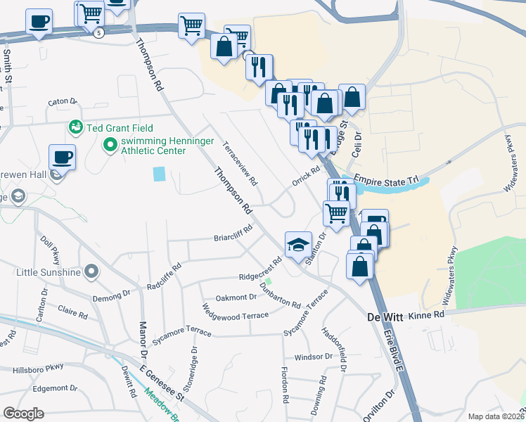 map of restaurants, bars, coffee shops, grocery stores, and more near 5700 Thompson Road in Syracuse
