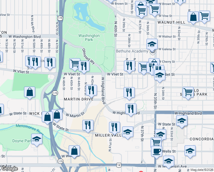 map of restaurants, bars, coffee shops, grocery stores, and more near 4226 West Highland Boulevard in Milwaukee