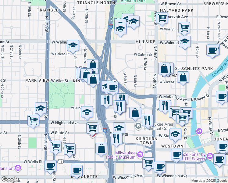 map of restaurants, bars, coffee shops, grocery stores, and more near 1240 North 10th Street in Milwaukee